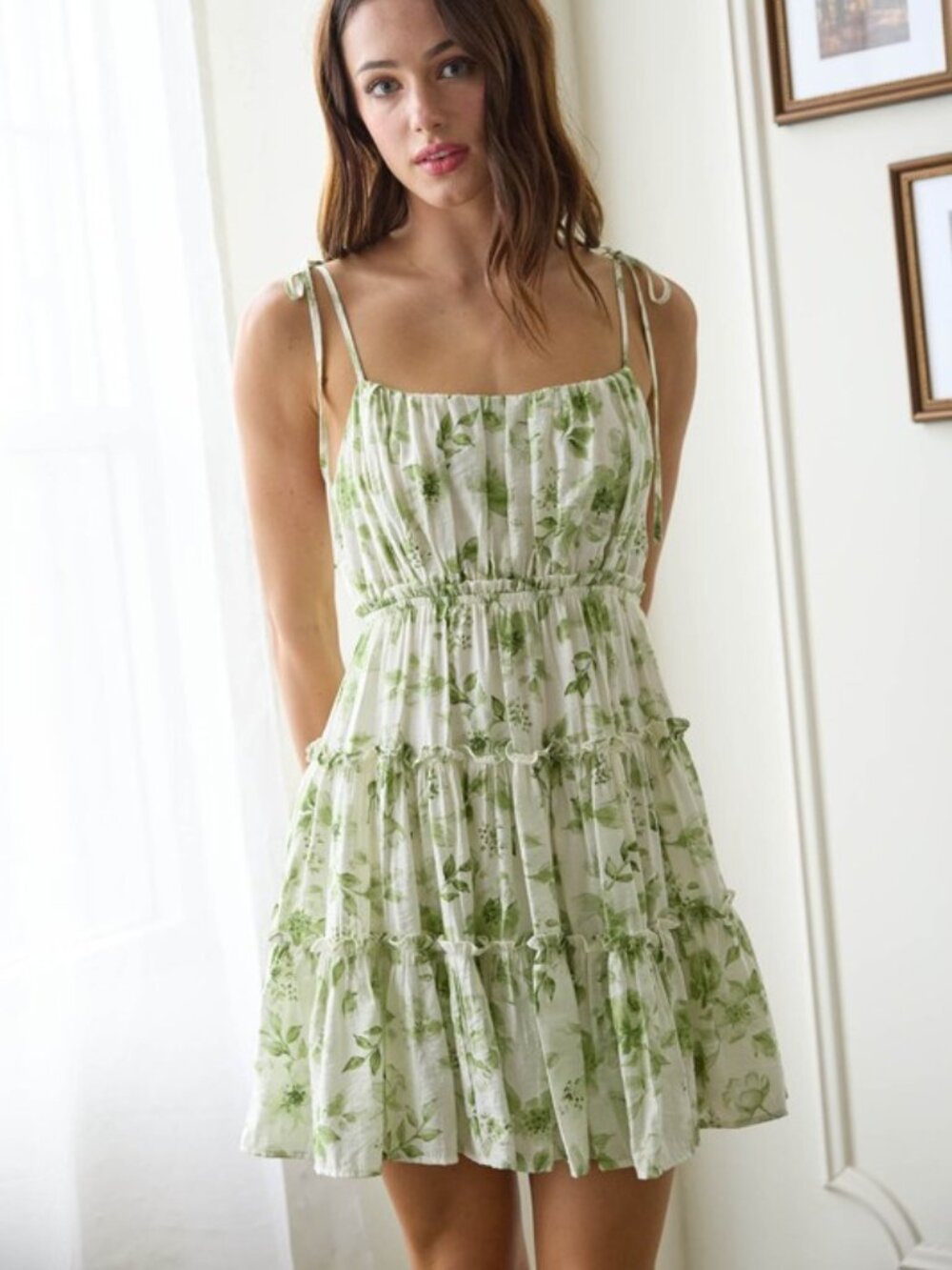 Floral Spaghetti Strap Tiered Back Tie Mini Dress
